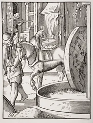 Fabricação de petróleo, depois de uma ilustração do século XVI desenhada e gravada por Jost Amman (1539-91), de "Le Moyen Age et La Renaissance", de Paul Lacroix (1806-84), publicada em 1847